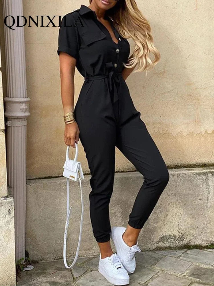 Summer Jumpsuit Women Elegant Casual Lapel Buckle Printed Female Jumpsuit Woman Trousers Playsuit Overalls Bodysuit Romper 250220