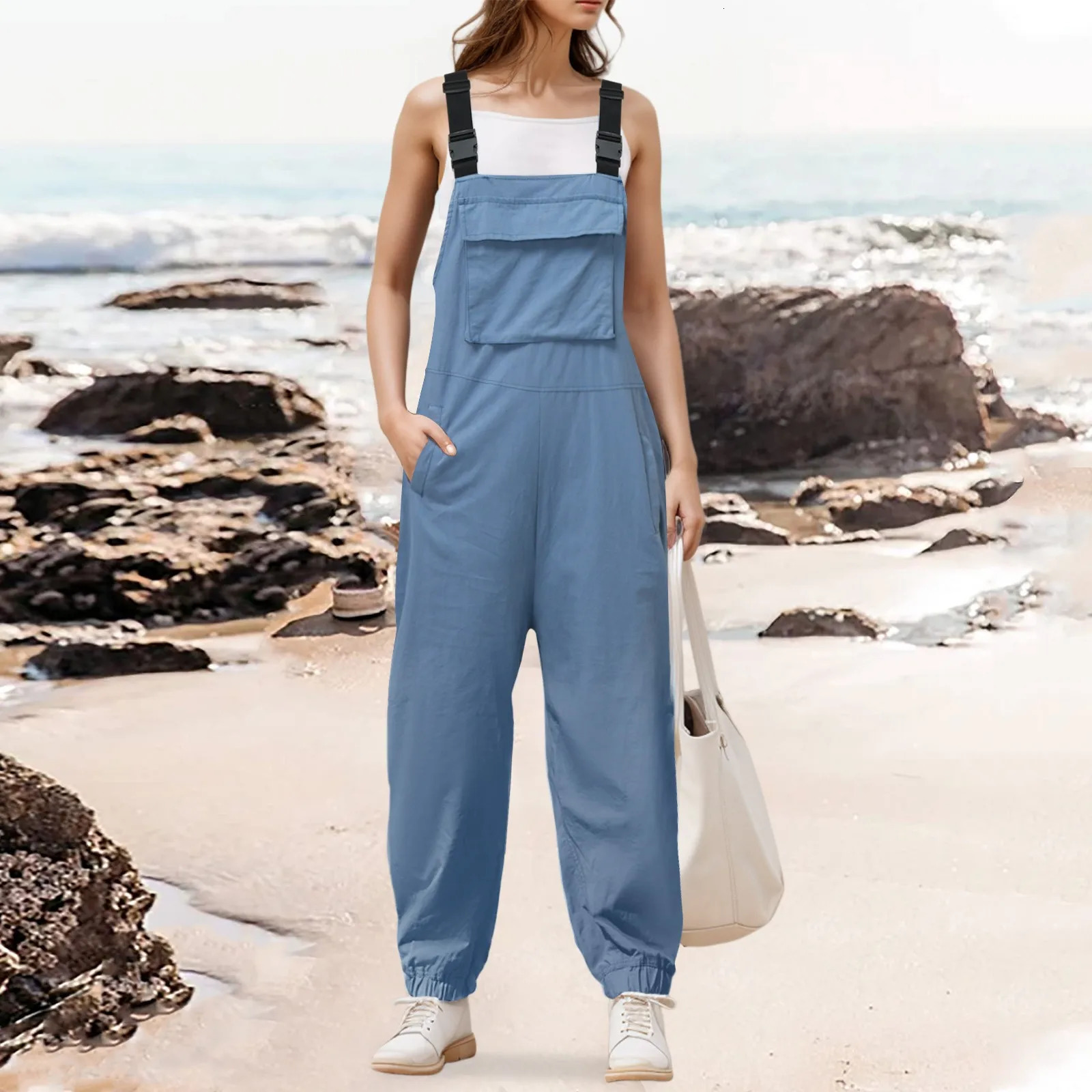 Womens Sleeveless Overalls Jumpsuit Casual Loose Adjustable Straps Bib Long Pants Jumpsuits With Pockets Womens Rompers 250220
