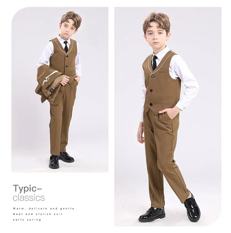 Boys Brown Vest Suit Set Children Piano Hosting Performance Birthday Pography Costume Kids Waistcoat Pants Tie Outfit 250219