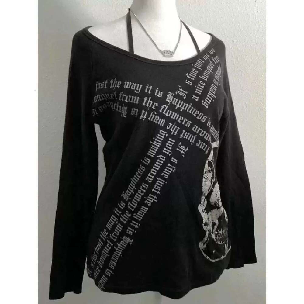 Y2K Emo women's Korean streetwear long sleeved Acubi Fairycore T-shirt skull print T-shirt gothic punk oversized top 2000s Alt clothing