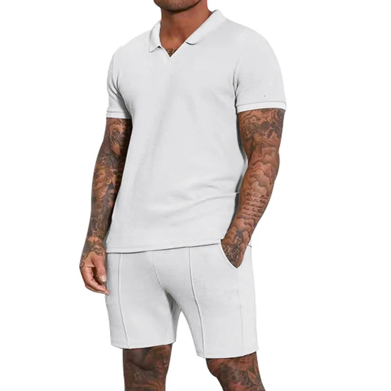 Mens Clothing Set Summer Oversize Heavyweight Waffle Lapel Polo Short Sleeved Shorts Set 250220