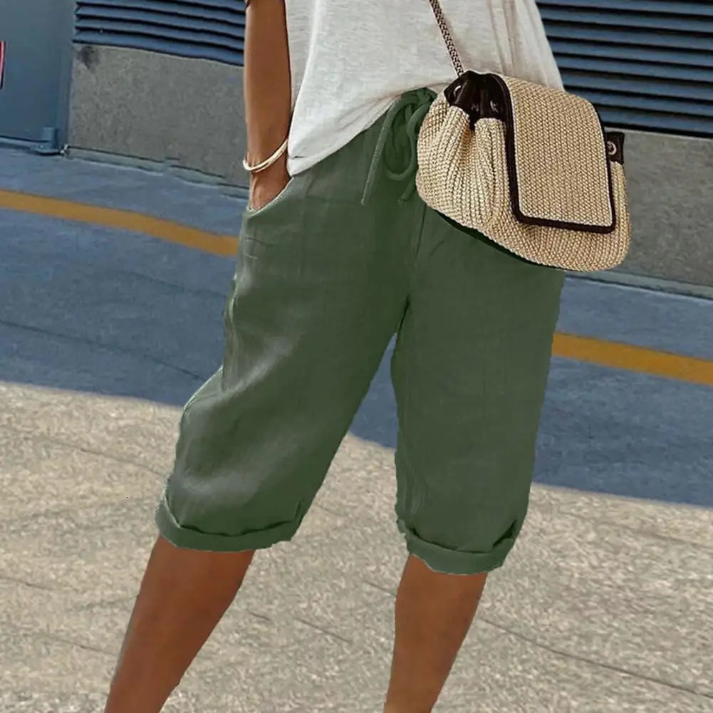 Womens Shorts Vintage Style Loose Drawstring Kneelength Pants for Ladies Breathable Elastic Waist with Pockets A Wardrobe 250214