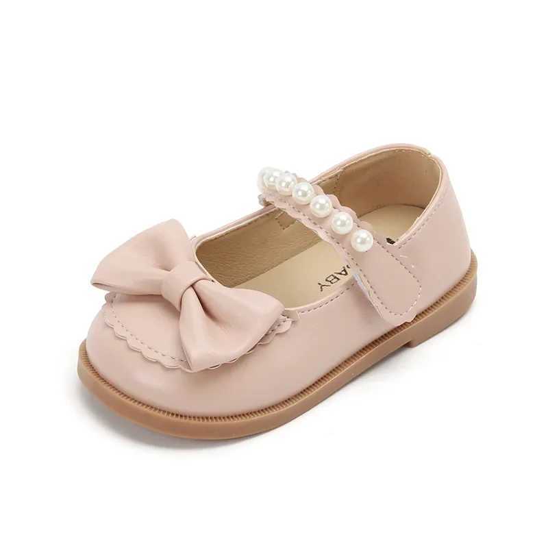 Toddlers Girls Leather Shoes Little Kids Casual Flats Princess Sweet with Pearls Beading Bow-knot 2024 Dress Party Shoes Soft X250220