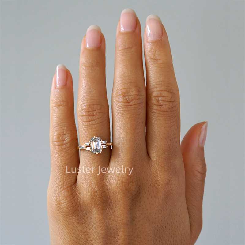 Luster Jewellery 10/14/18k 925 Silver Emerald Cut Moissanite Gold Wedding Ring