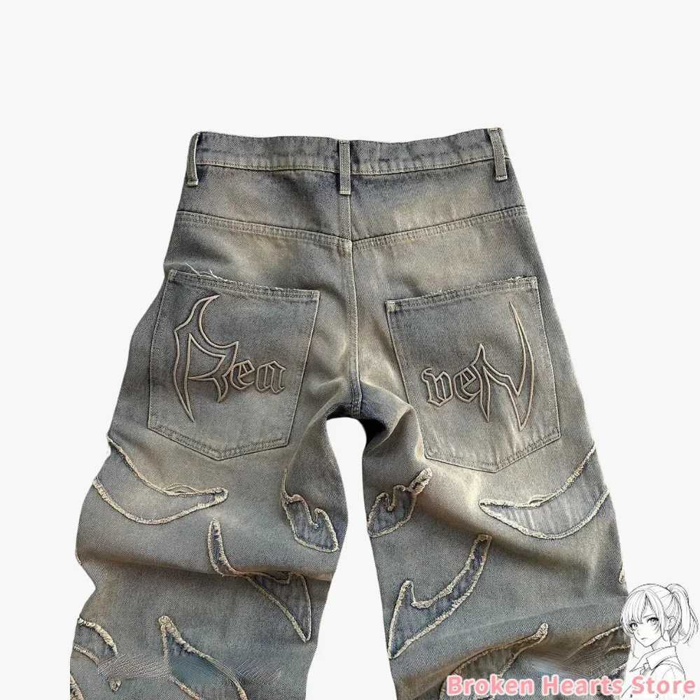 Heavy Primal Etch Ripped Washed Denim Jeans Mens Y2k Pants Streetwear Patchwork Baggy Sweatpants Straight Wide Leg Trousers X250220