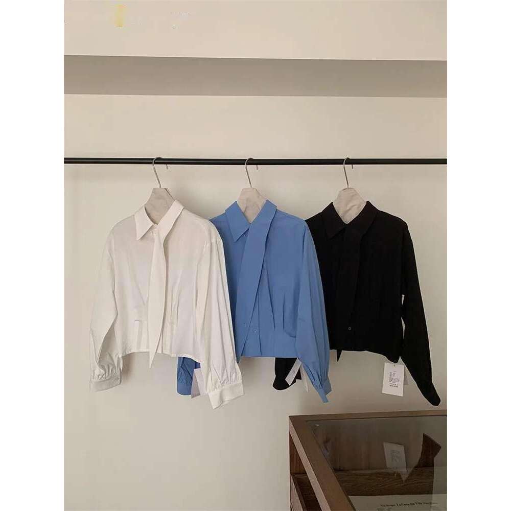 2025 Unique Scarf Collar Irregular Shirt Women Long Sleeve Spring Summer Temperament Top White/Blue/Black