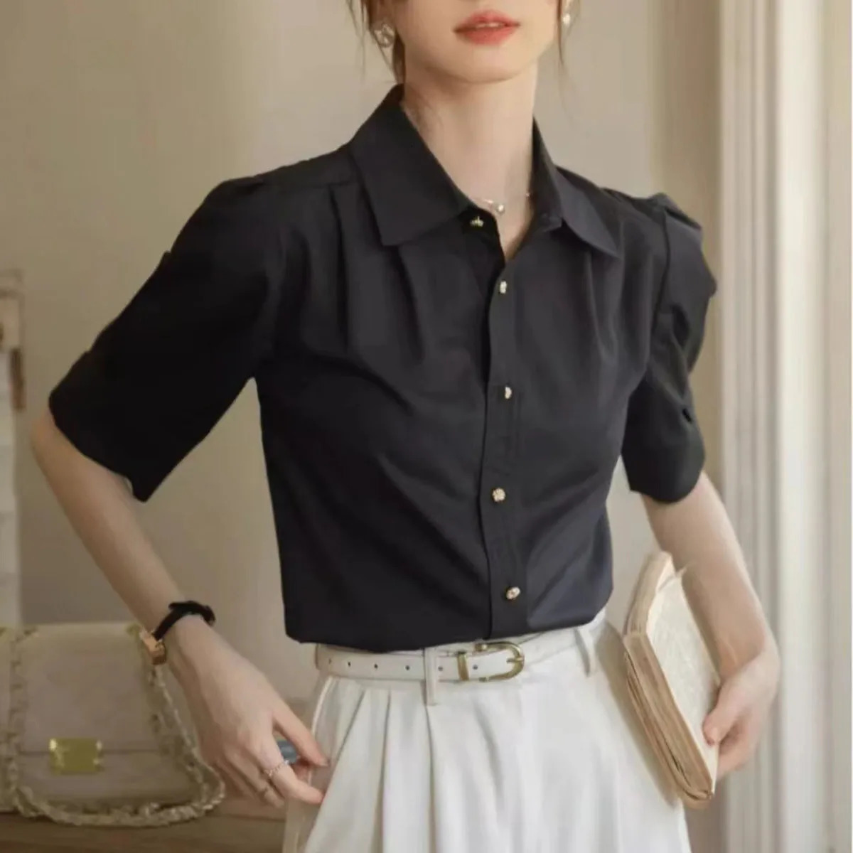 Summer Office Lady Short Sleeve Shirts Womens Solid Color Basic Blouse Korean Fashion Button Up Elegant Female Clothing Tops 250219