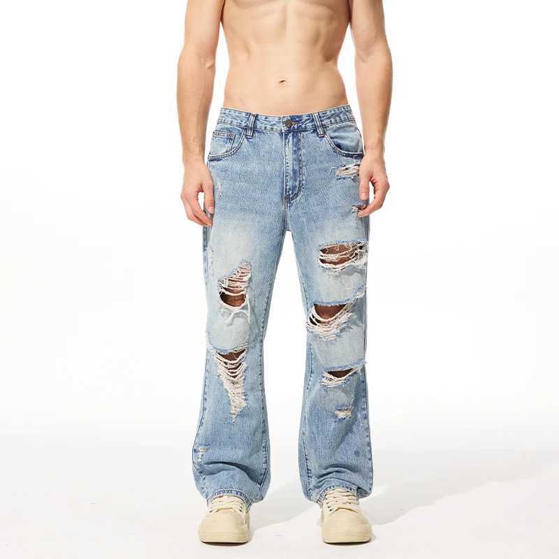 Mens streetwear fashion casual plus size ripped denim straight ribbed jeans Cityboy Baggy jeans Trouser 40 38 X250220