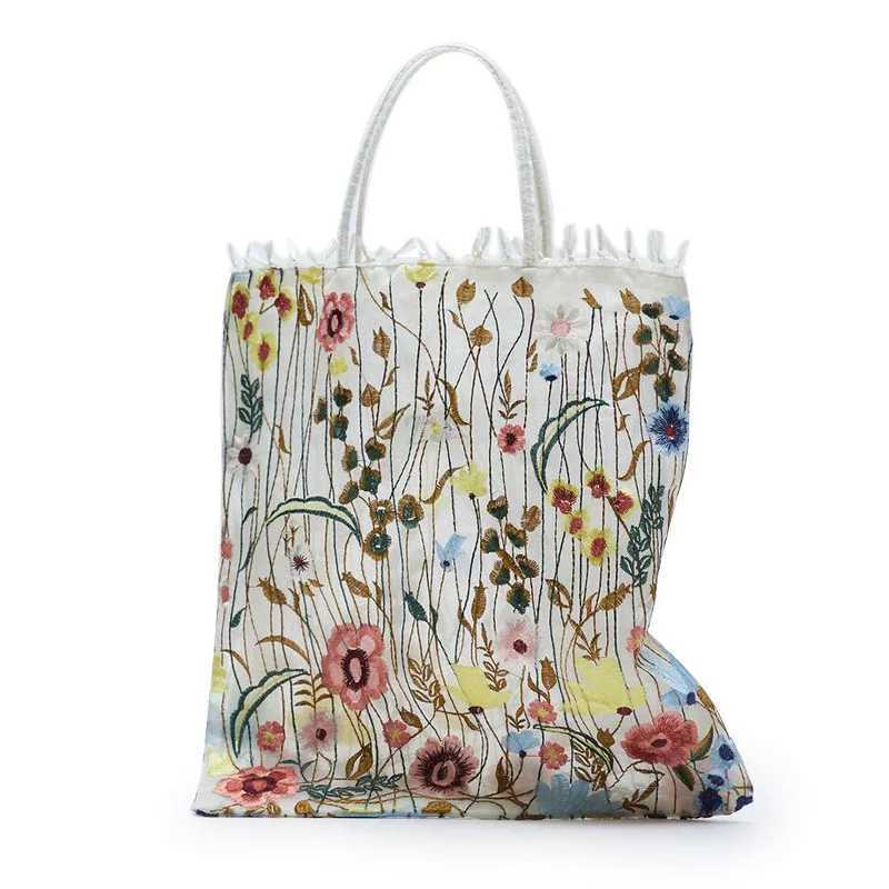 1Pc Fashion Tote Summer New Style Mesh Full Embroidery Flowers Clear Shoulder Bag Romantic Handbag Womens Eco Shopping Bag 2023 Z250219