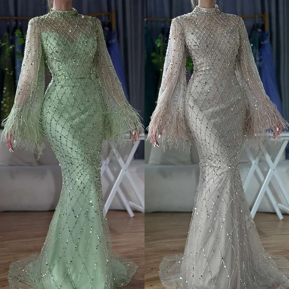 Caramel Saudi Cut Out Lace Beaded Feathers Mermaid Evening Dresses Prom Gown For Formal Ocn Customize