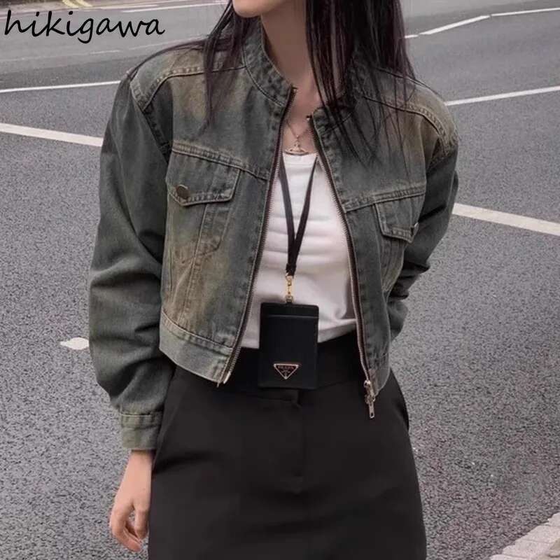Korean Jackets Women's Clothing Stand Neck Long Sleeve Denim Y2k Tops Casual Fashion Zipper Crop Coats 2024 Ropa Mujer
