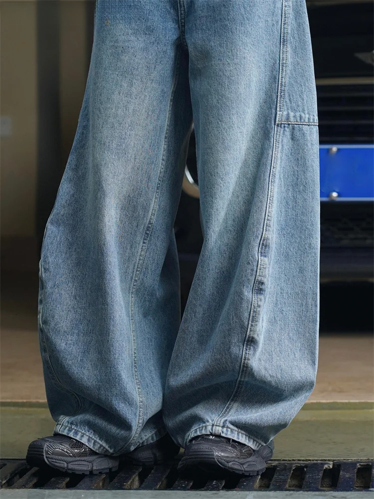 2024 Spring Curved High Waist Wide Leg Jeans Women Loose Casual Denim Pants Blue
