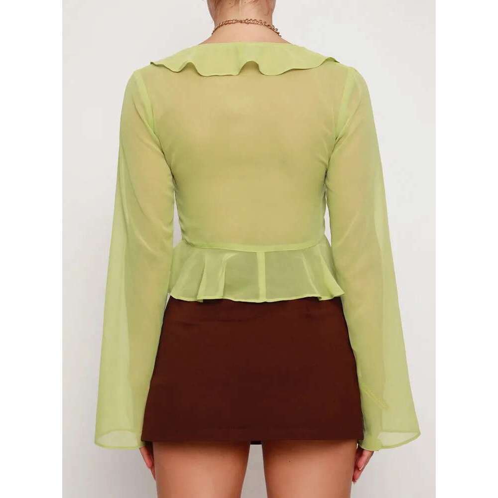 Women See Through Blouse Crop Mesh Sheer Tie Up Long Flare Sleeve V Neck Ruffle Tops Summer Sexy Casual Shirts Female Top