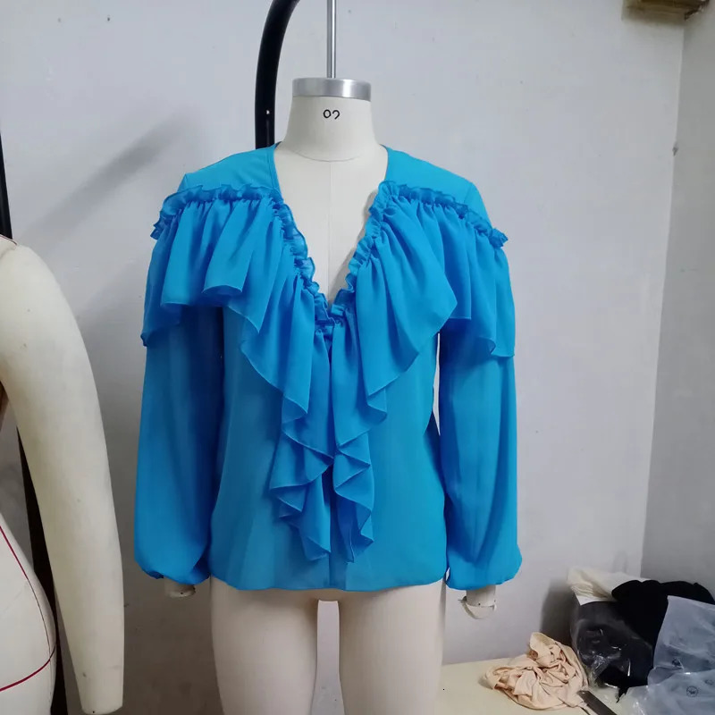 Fashion Sexy Deep V Neck Pullover Shirt For WomenS Spring Autumn Elegant Pleated Ruffles White Long Sleeves Blouse Female 250219