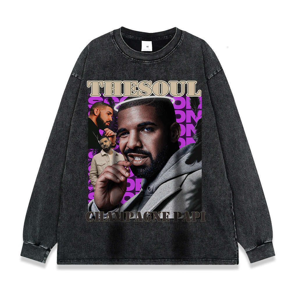 Rap series hip-hop print 260g washed and distressed long sleeved T-shirt for men tee American fashion label