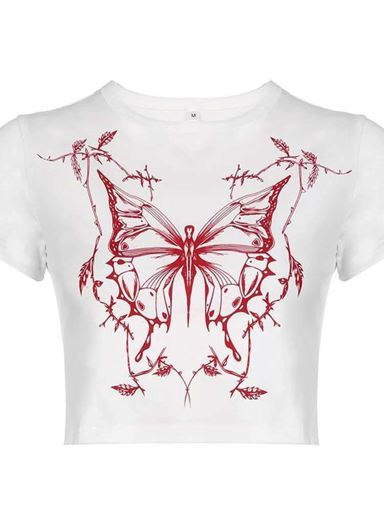 Fashionable Retro Fairy Grunge Butterfly Print Short Sleeved Designer T Shirt Casual Round Neck Slim Fit Exposed Navel Punk Haruku T-shirts Y2K Women&