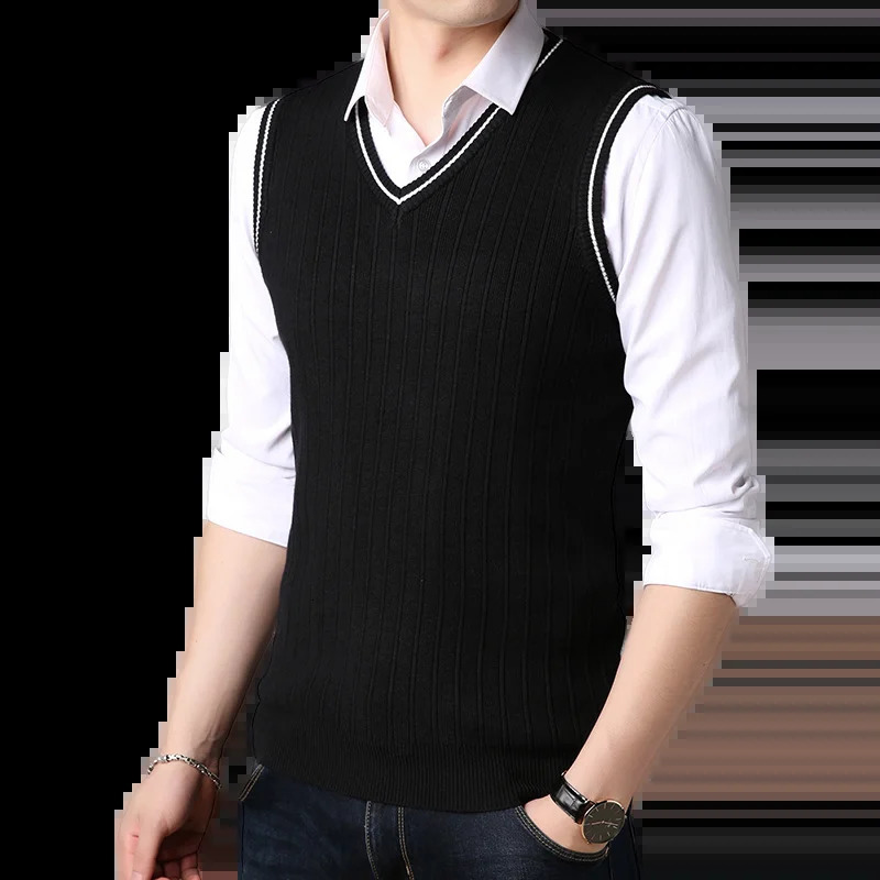 Spring and Autumn Mens Knitwear Tank Top Fashion Korean Fit Casual Versatile Student V-neck Vertical Stripe Vest 250219