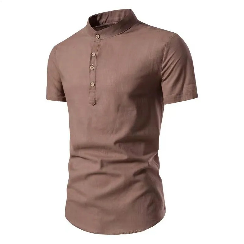 Mens casual shortsleeved standup collar vintage solid color shirt 250220