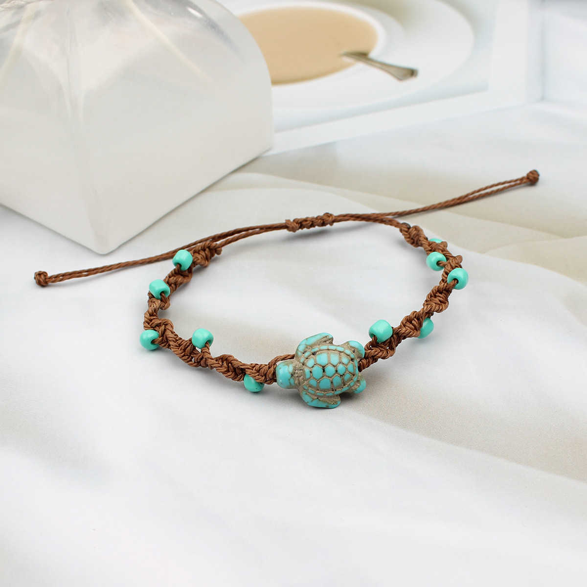 Charm Bracelets New beach vacation style turquoise turtle handmade bracelet now with adjustable hand rope for couples H25220