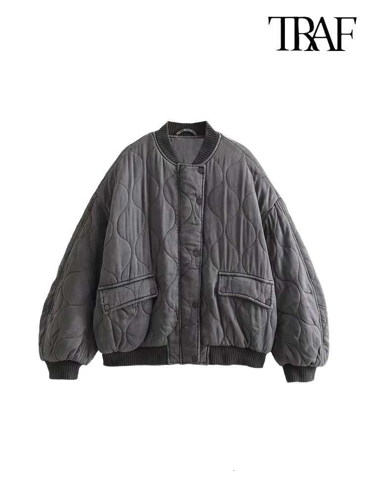 TRAF Women's Fashion Round Collar Single Breasted Long Sleeve Aviator Solid Color Quilted Commuter Warm Casual Jacket