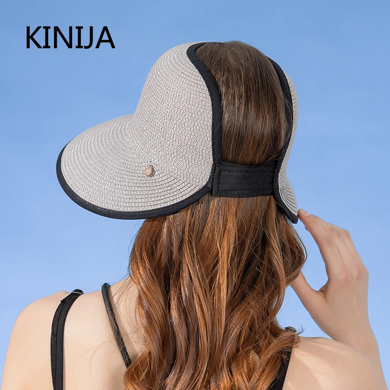 Women Roll Up Sun Visor Wide Brim Straw Hat Summer Hollow Out Dreathable UV Protection Cap for Beach Travel Bonnet Wholesale 250219