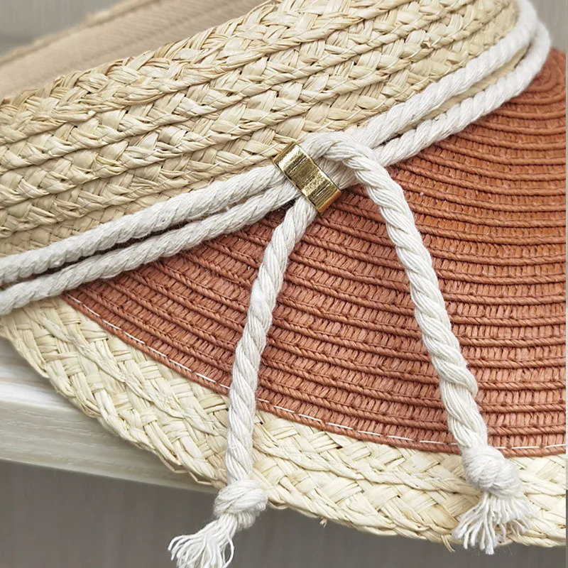 6 Color Straw Visor Hat Cord Band Sun Cap Sunshiny Holiday Beach Cap Women Girl Two Tones Patchwork Summer Cap Free Size 250219