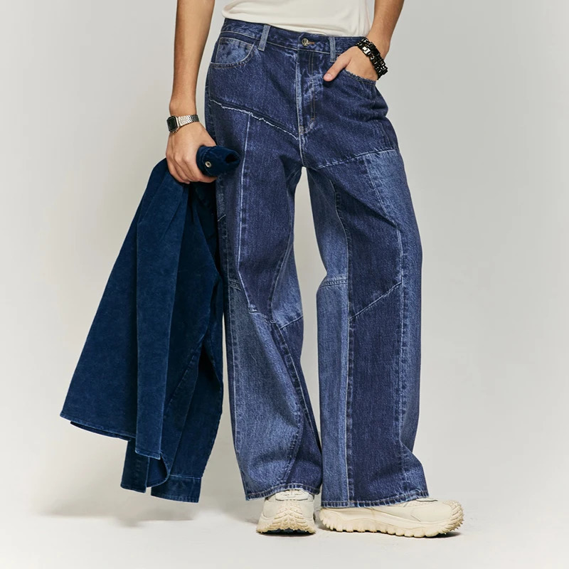 Japanese-Style Y2K Retro Washed High Street Jeans Men and Women Fashionable Patchwork Cut Loose Straight Mopping Pants 250220