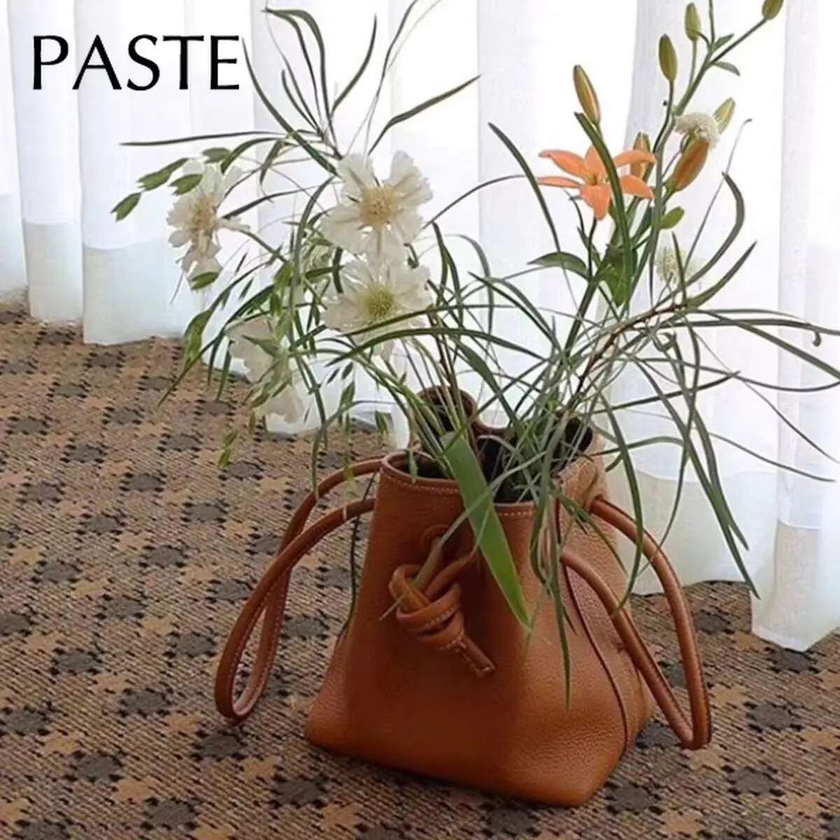 Stylish String Close Tote Small 100% Natural Cow Leather Women's Hand Denim Blue Beige High Quality Ladies Shoulder Bag