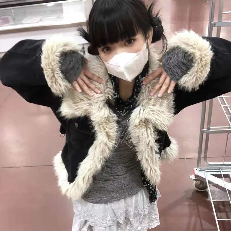 Karrram Y2k Aesthetics Black Denim Grunge Fairycore Jeans Fur Jacket 2000s Haruku Winter Coat Patchwork Vintage Korean