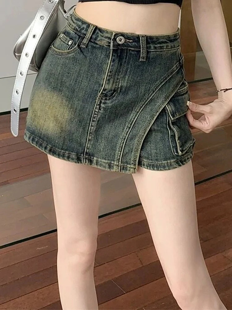 Womens Irregular Sexy Cowboy Shorts Womens Korean Retro Nightclub Mini Shorts Skirts Girls Blue Hip Wrap A-line Culottes 250219