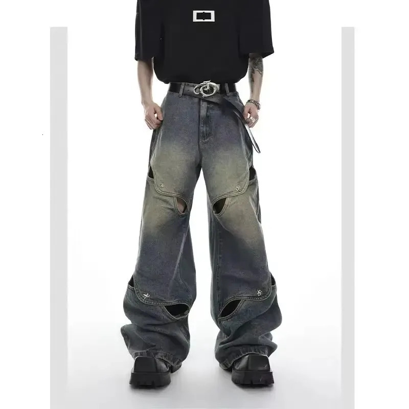 Cool Autumn Fashion Deconstructed Metal Button Jeans Men Heavy Industry Hollow Causal Loose Straight Wide Leg Pants Male 250220