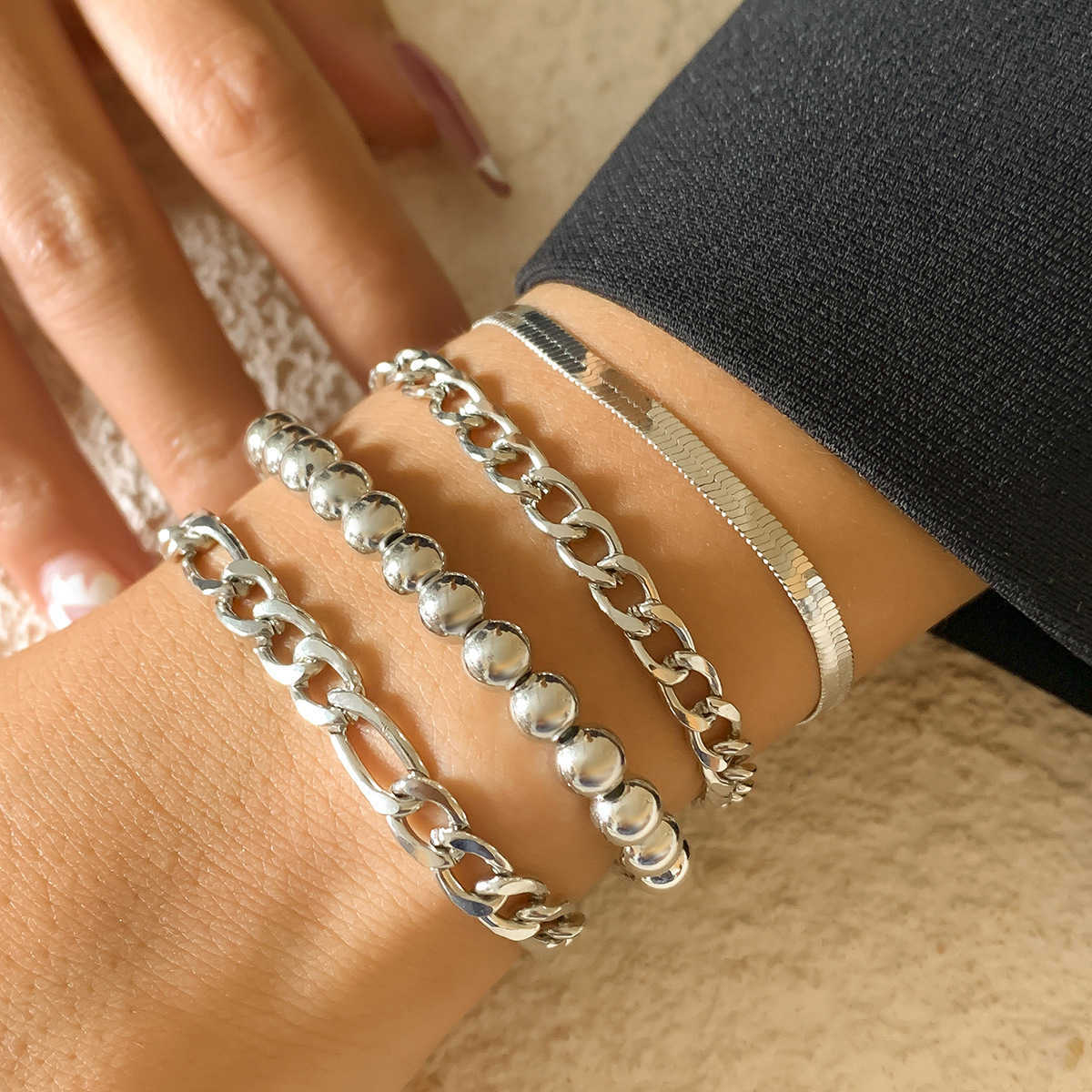 Charm Bracelets Female punk hip hop snake bone chain bracelet set metal bead chain bracelet H25220