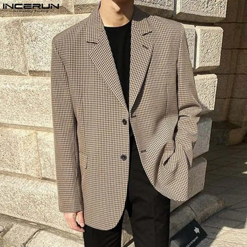 INCERUN Mens Plaid Blazer Lapel Long Sleeve Button Casual Suits Mens Spring Streetwear Elegant Fashion Leisure Coats S-5XL 250220