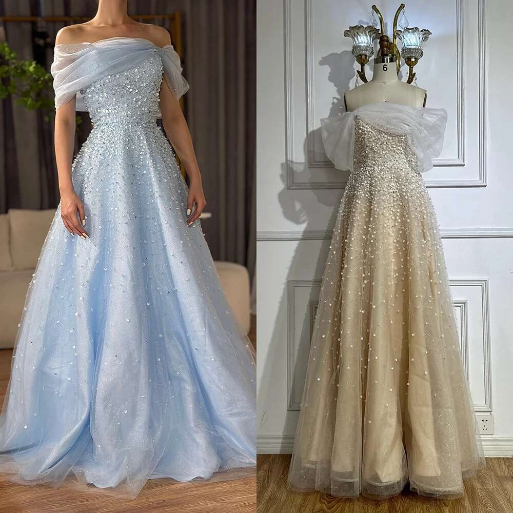 Blue Arabic Off The Shoulder Beaded Elegant A E Long Evening Dresses Prom Gowns For Formal