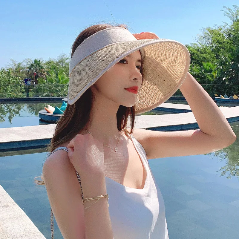 USPOP Women Summer Straw Sun Hat Without Crown Letter Wide Brim Beach Hat Anti-UV Sunshade 250219