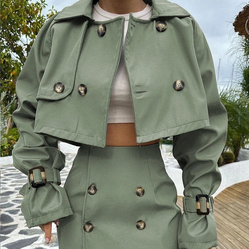 Loose green 2-piece womens set autumn elegant long sleeved button top high waisted mini ski suit 250220