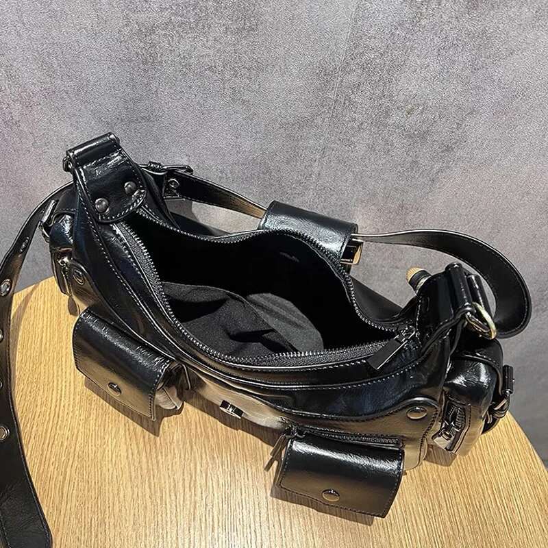 Moto & Biker Bags For Women Designer Handbags Purses 2024 New In PU Oil Wax Leather Multiple Pockets Belt Rivet Shoulder
