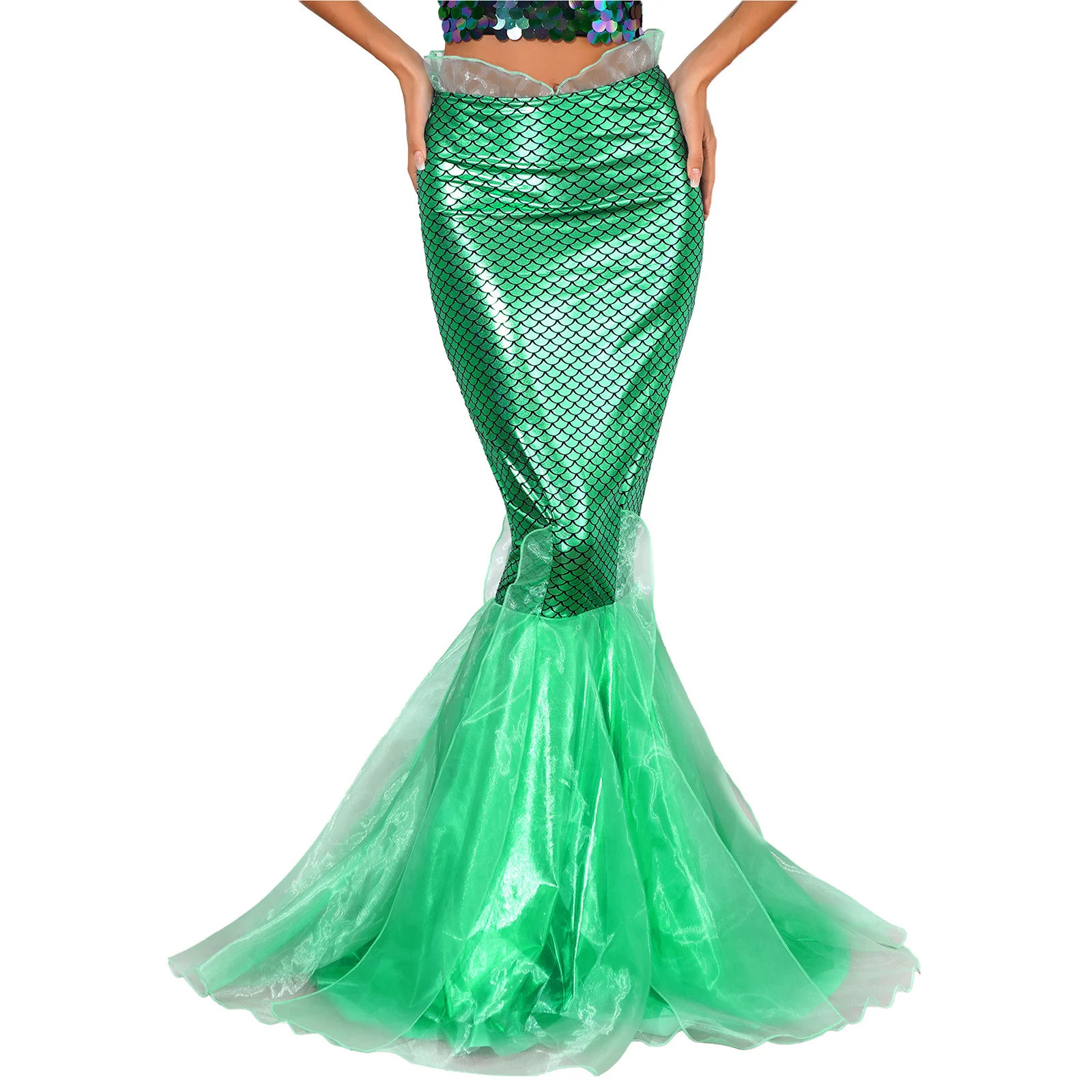 Halloween Costume Mermaid Tail Dress Up Party Shiny Metallic Fishtail Long Maxi Skirts Role Play Cosplay Gown 250220