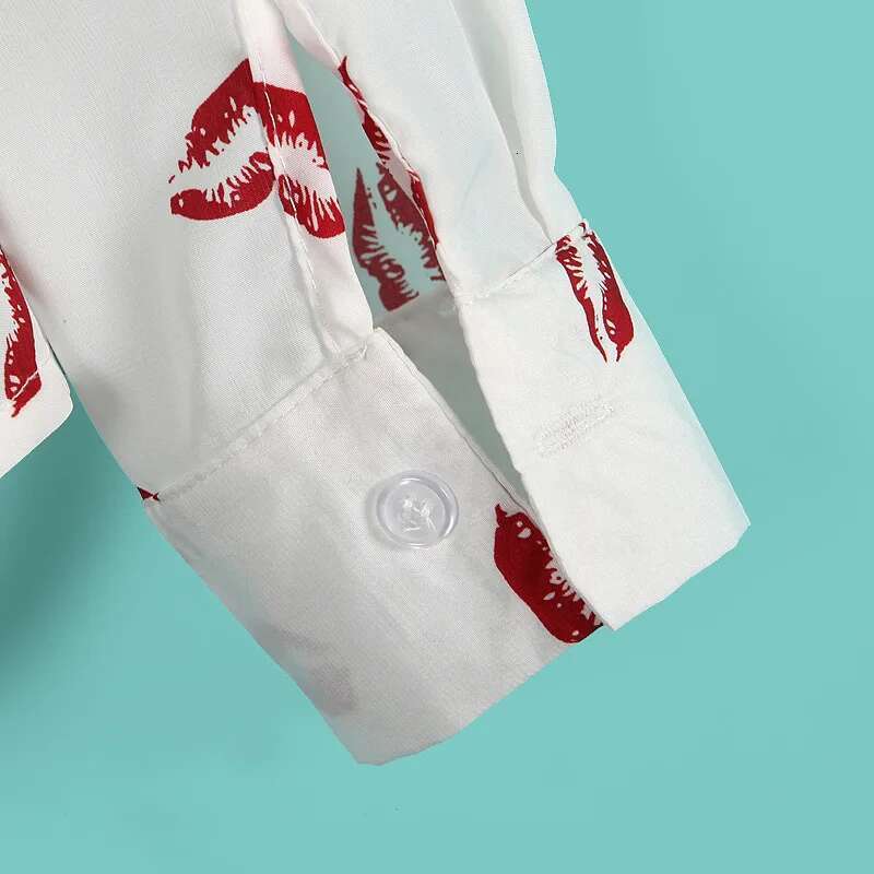 New Fashion Retro Women Sexy Red Lips Prints Chiffon Blouse Ladies Elegant Long Sleeve Shirts Casual Tops White Black Blusa