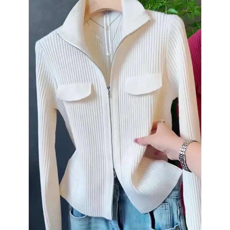 Fashion Zipper Short Knitted Cardigan 2025 Spring Autumn New Korean Versatile Coat Top Turn-Down Col Sweater Solid Color