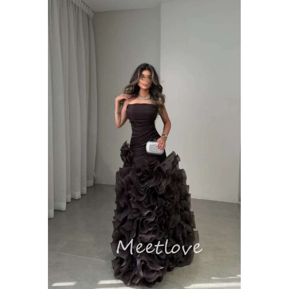 Meetlove 2024 custom a ha strapless sleeveless tulle in layers train up the floor formal prom evening dress