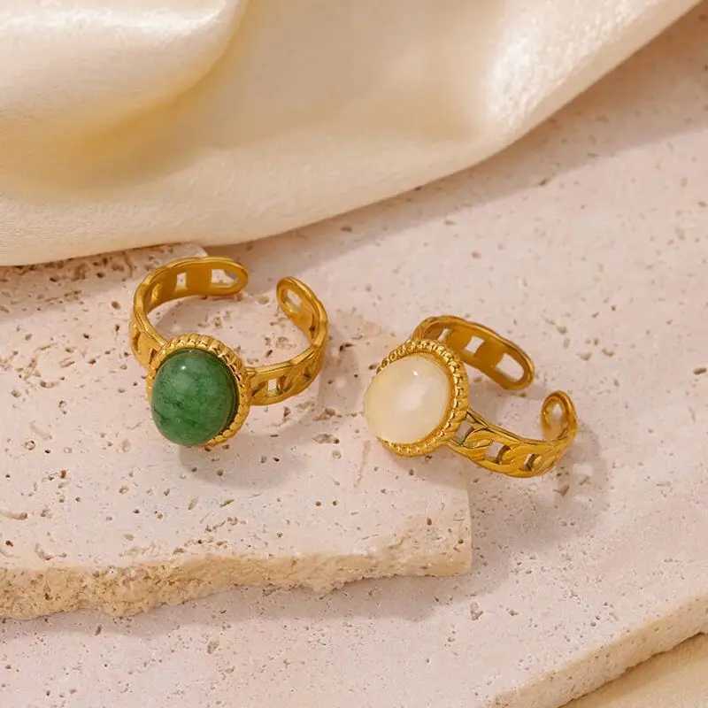 Vintage Green Oval Opal Rings for Wen Stainless Steel Gold Color Open Adjustable Wedding Ring Aesthetic Waterproof Jewelry BFF X250220