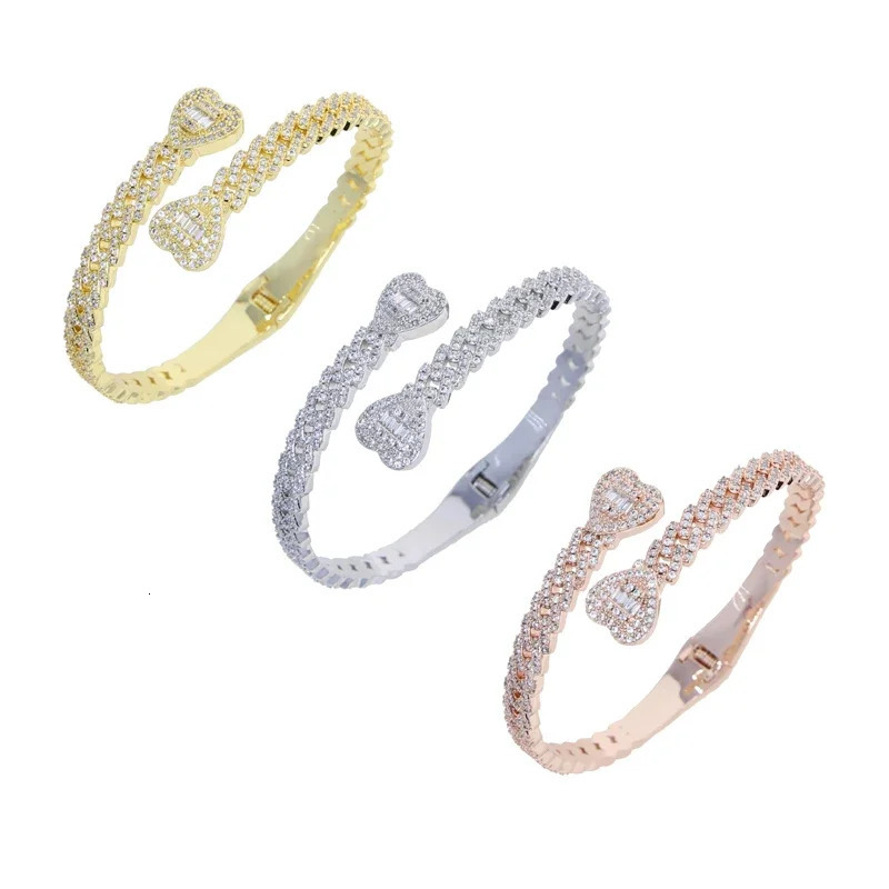 Fashion Iced Out Bling Women Jewelry Geometric Round CZ Cuban Tennis Chain Heart Shaped Charm Bracelet Bangle 250213