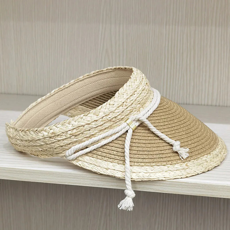 6 Color Straw Visor Hat Cord Band Sun Cap Sunshiny Holiday Beach Cap Women Girl Two Tones Patchwork Summer Cap Free Size 250219