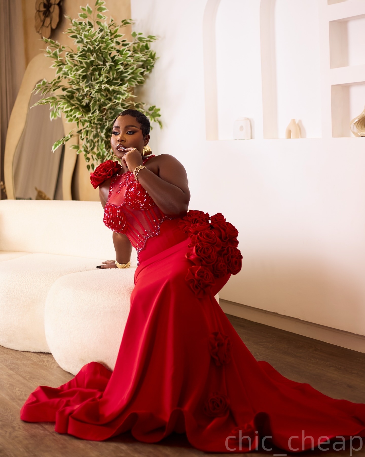Red Mermaid Prom Dresses 2025 Flowers Beaded Satin Sheer Neck Evening Formal Party Second Birthday Engagement Gowns Plus Size Dress For Special Occasi