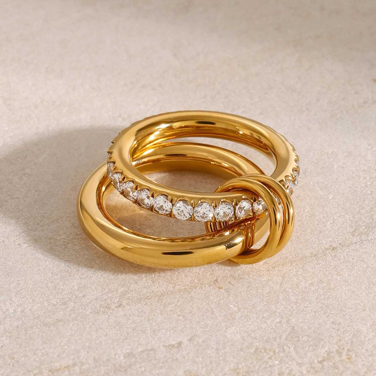 Youthway Minimalism Glossy Stainless Steel White Cubic Zirconia Inlaid Double Layer Ring Waterproof Jewelry Gift X250220