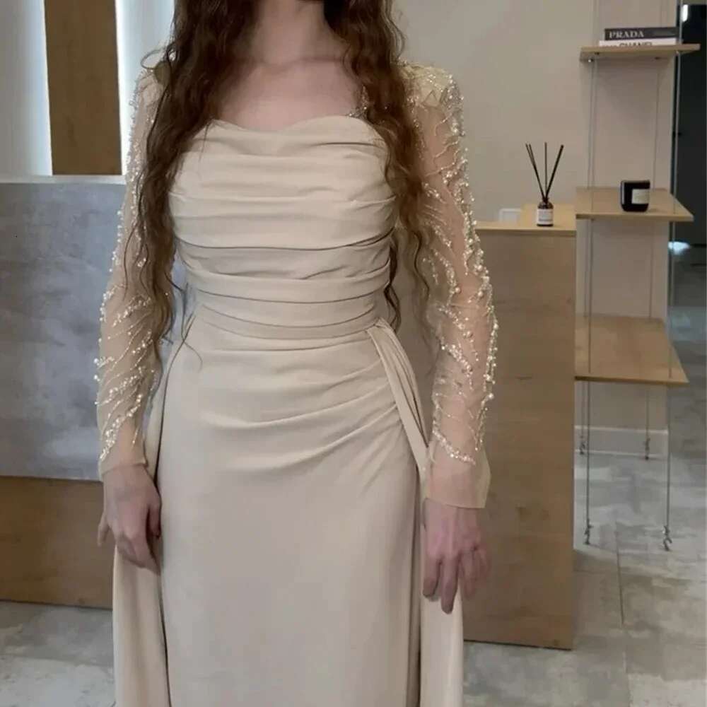 Custom Prom Dresses Women Dress Formal Square Collar Column Floor Length Skirts Shirted Draped Beads Pearl Tailored