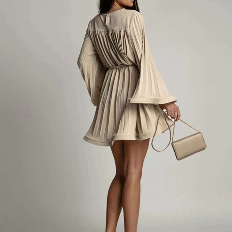 2025 08 New Spring Summer Elegant Fashion Solid Round Neck Flared Sleeve Lace-Up Pleated Mini Dress Women