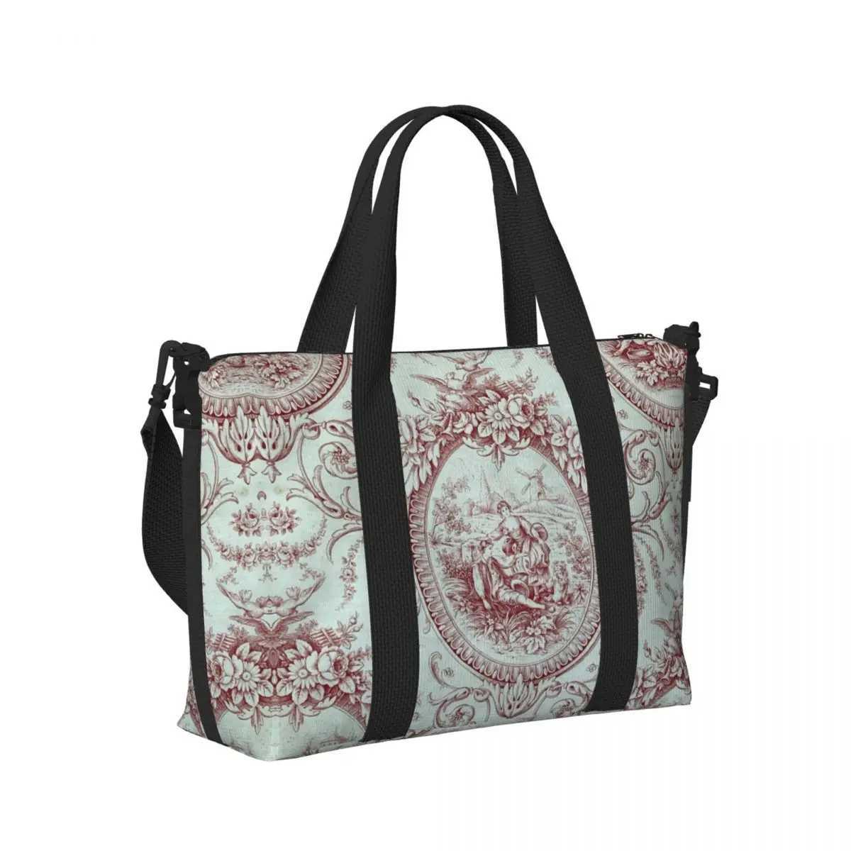 Customized French Toilet De Jouy Navy Blue Pattern Handbag Womens Large Capacity Traditional Art Gym Beach Shoulder Travel Bag Z250219