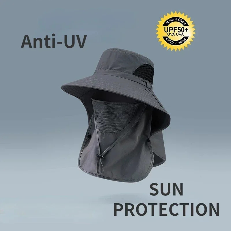Outdoor fisherman hat wide Brim bucket with neck cap mens summer breathable mesh sunscreen UV resistant unisex style 250117